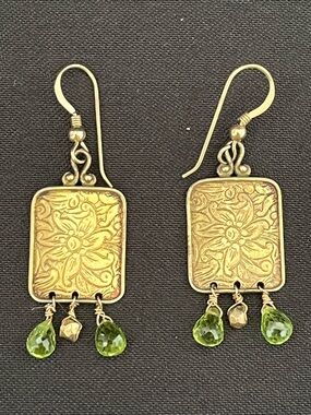 Vintage JBB Sterling Gold ToneFloral Rectangle Earrings with Green Peridot Drops